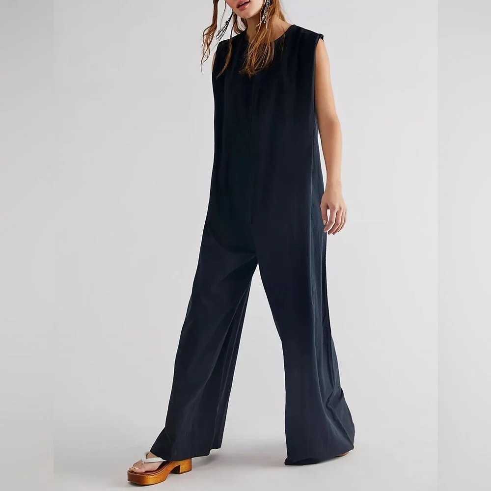 Free People Navy Sleeveless Wide-Leg Jumpsuit - Picture 4 of 10